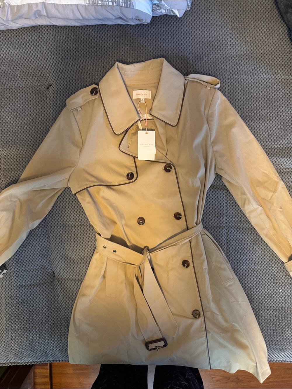Skies Are Blue Beige Trench Coat with Contrast Trim